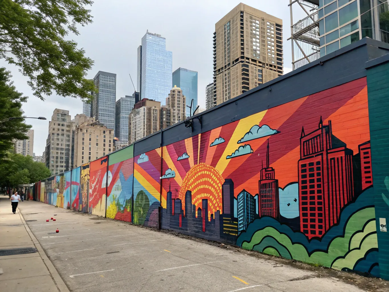 Urban street art mural depicting vibrant abstract cityscape