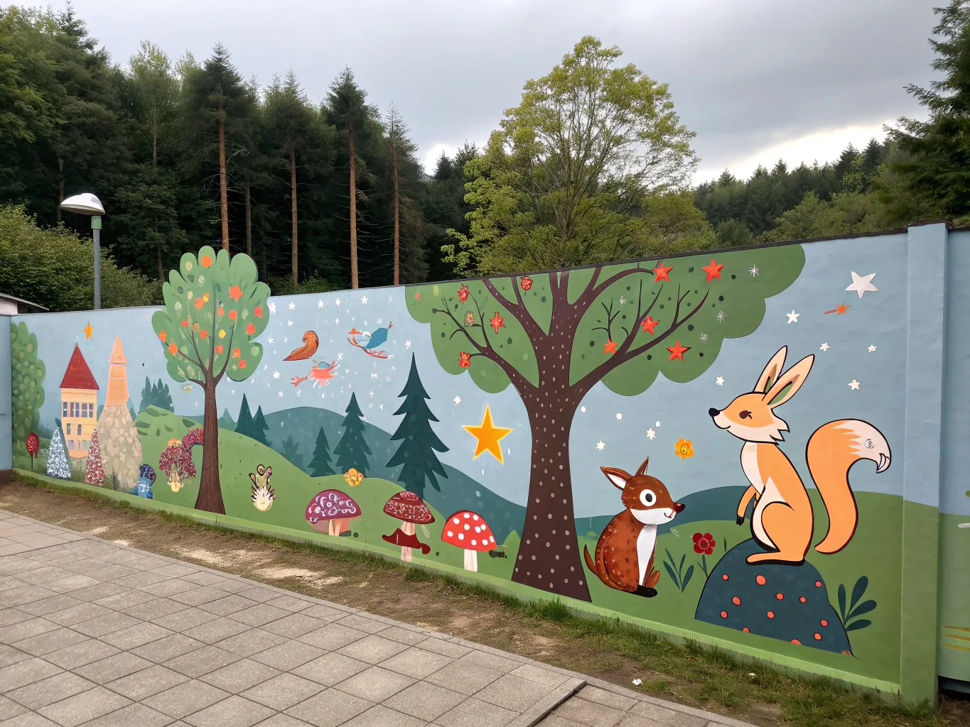 Whimsical children's mural with forest animals and fantasy elements