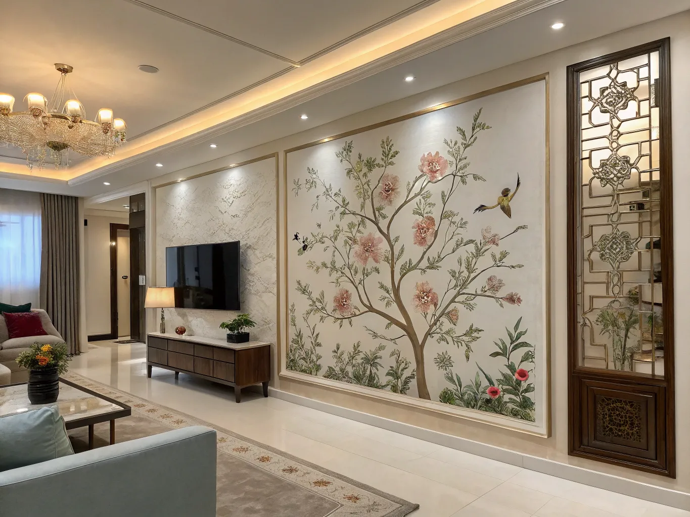 Elegant floral wall art in modern residential living room
