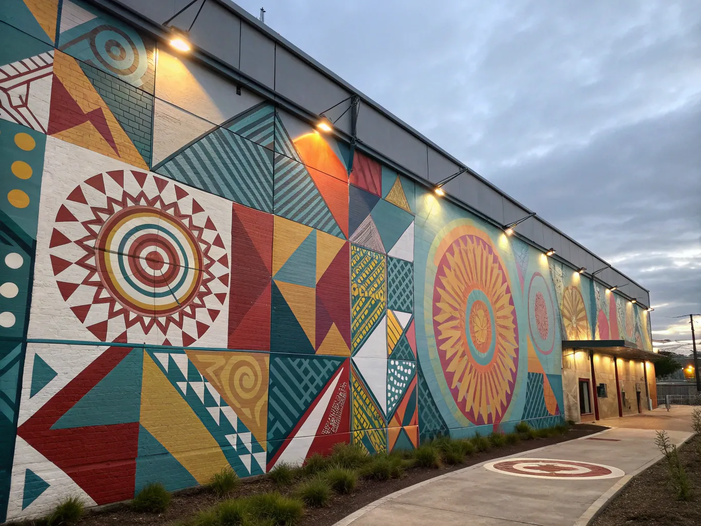 Large-scale outdoor mural with abstract geometric design
