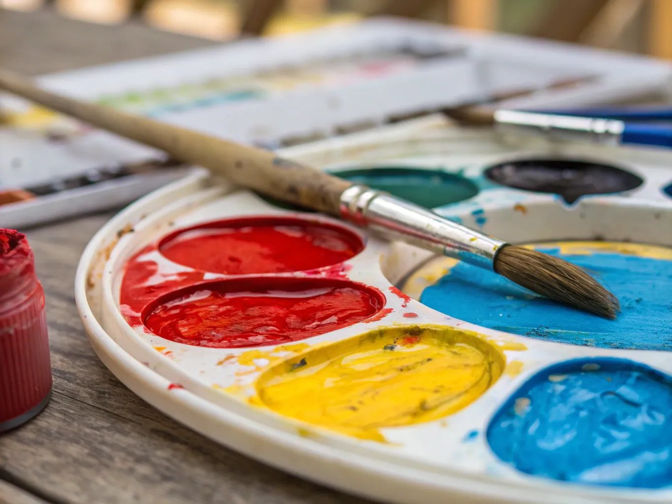 Closeup of artist's palette with vibrant paint colors