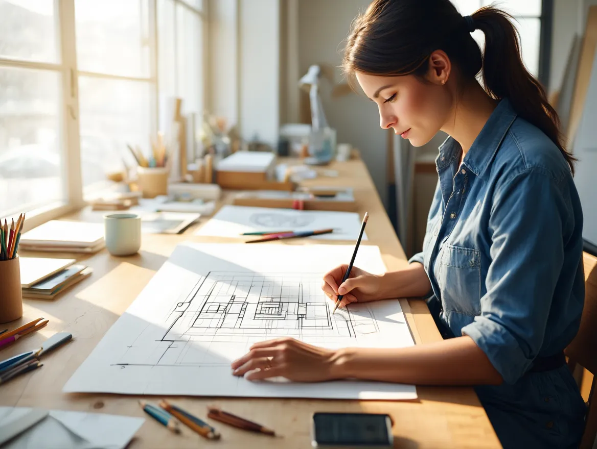 Artist sketching initial concept for wall art