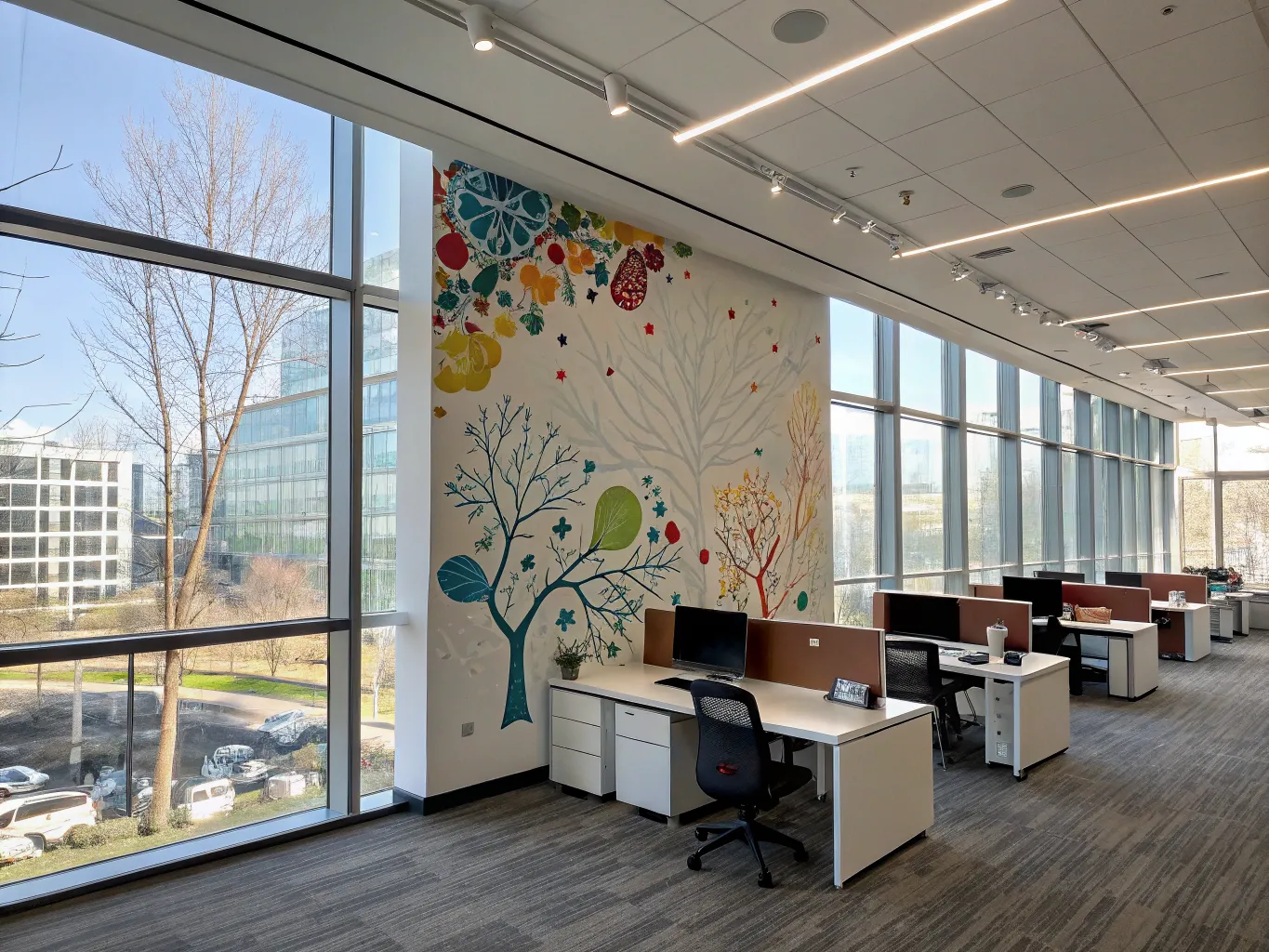 Modern office space with custom artistic wall installation
