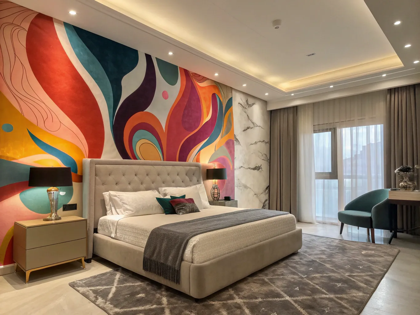 Contemporary abstract mural in luxury apartment bedroom