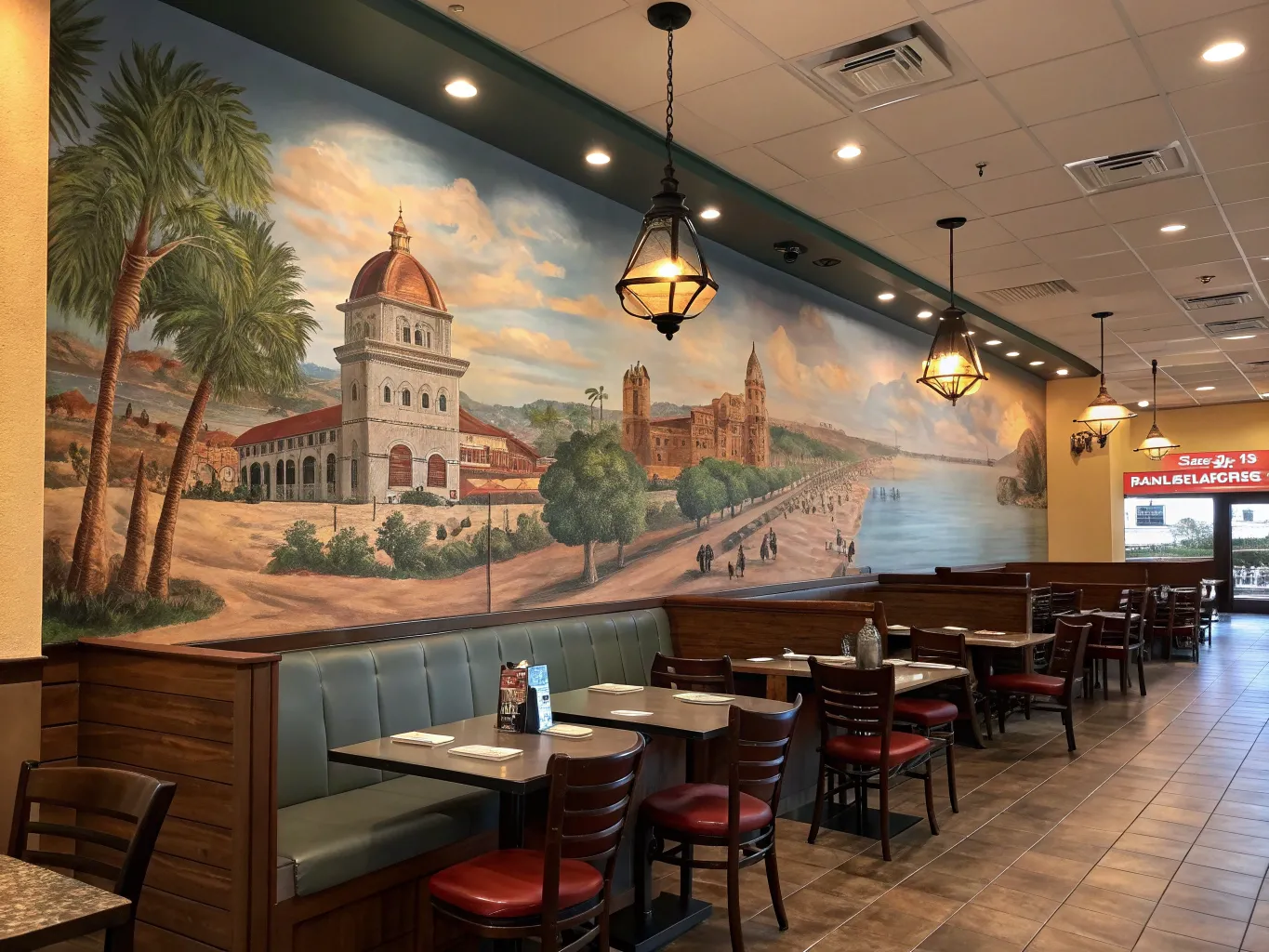 Restaurant interior with custom mural depicting local landmarks