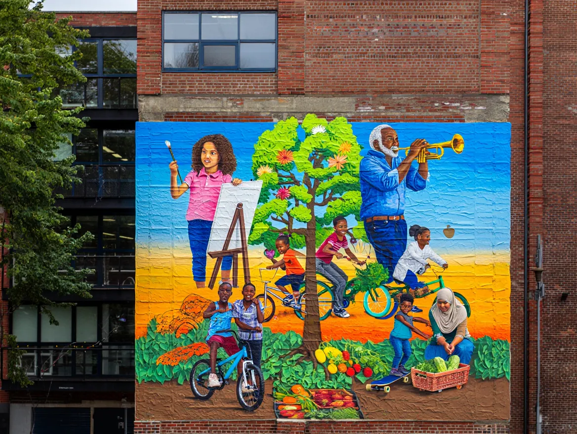 Vibrant mural on community center exterior wall